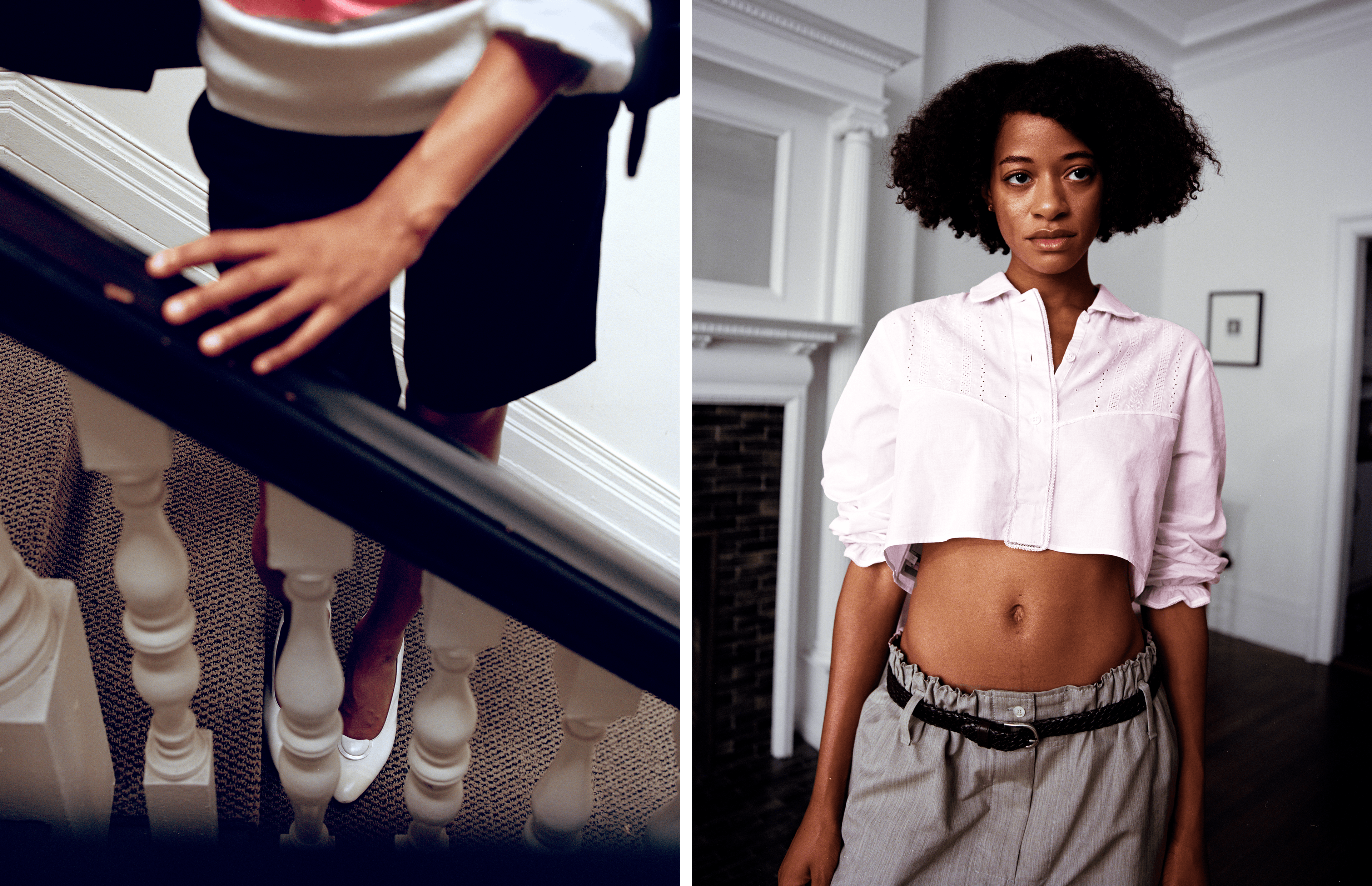 LEFT: JACKET by Hermès; TOP, stylist’s own; Vintage SHIRT, SHORTS, and SHOES. RIGHT: All CLOTHING and BELT by Prada.