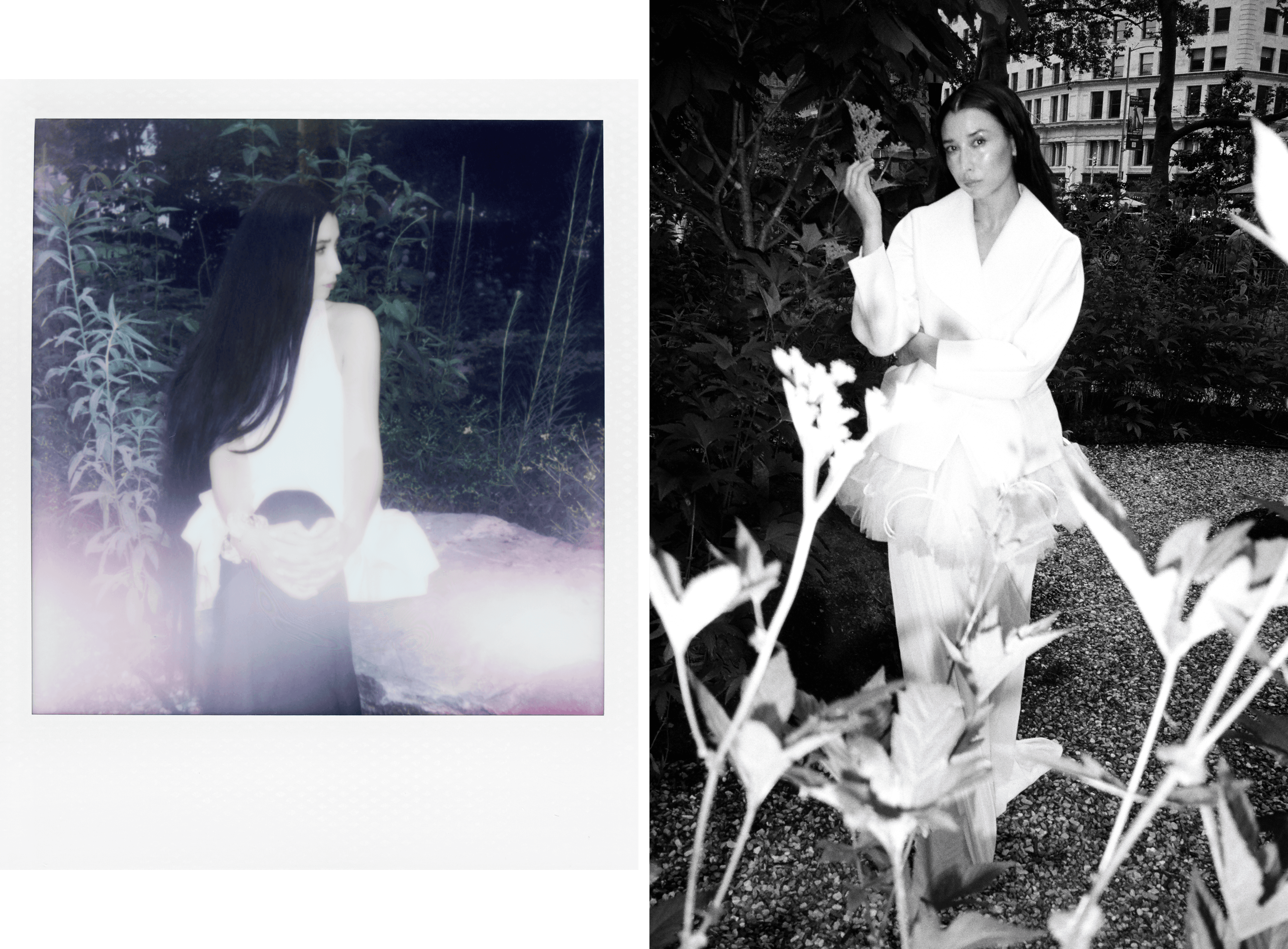 LEFT: All CLOTHING by ,Loewe. ,All JEWELRY, ,by, Alexis Bittar. ,RIGHT: All CLOTHING by ,ASHLYN.