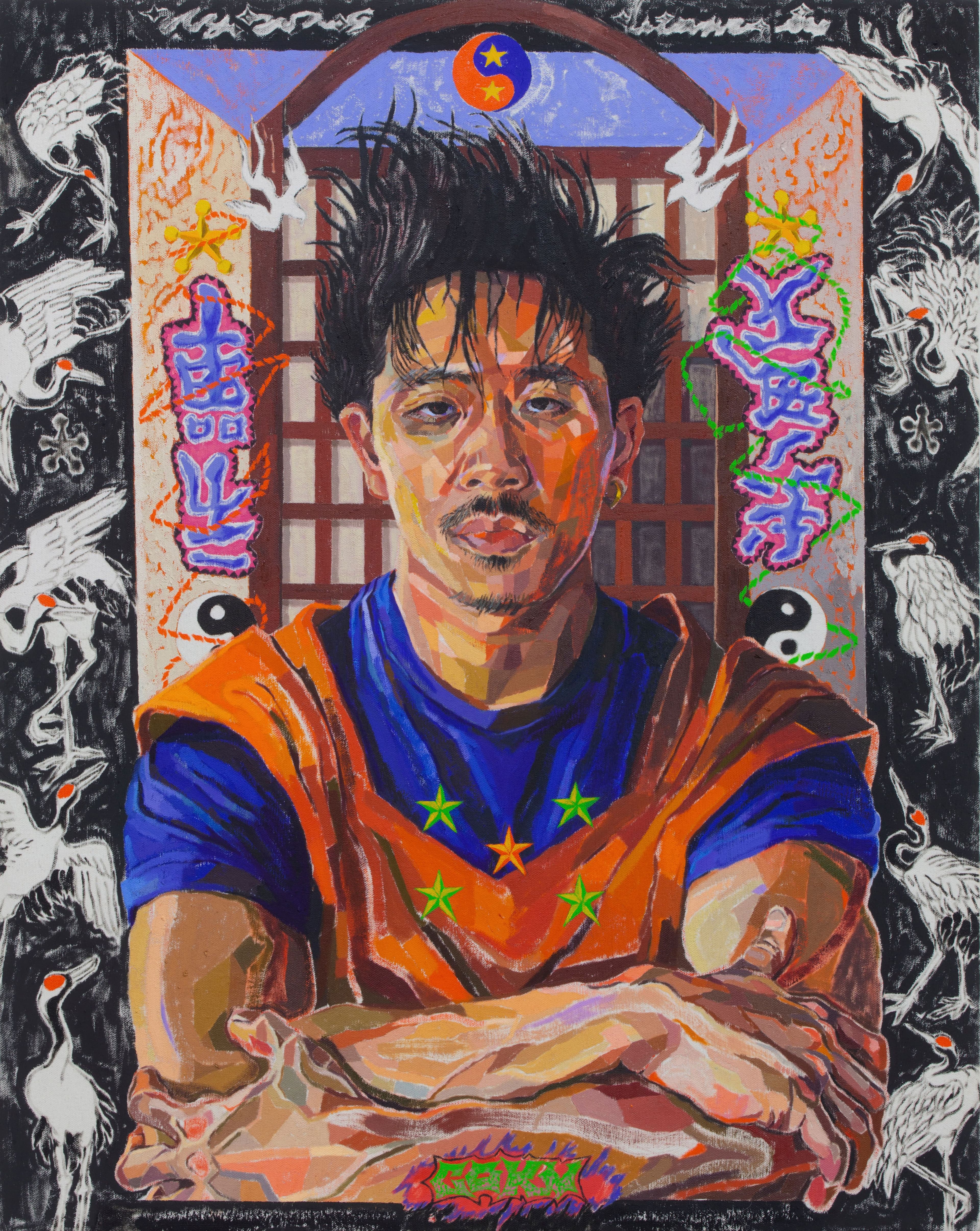 Oscar yi Hou (born Liverpool, UK, 1998). ’Coolieisms, aka: Sly Son Goku turns 23,’ 2021. Oil on canvas, 30“ × 24“. Courtesy of James Fuentes LLC. © Oscar yi Hou. Photography by Jason Mandella, courtesy of James Fuentes LLC.