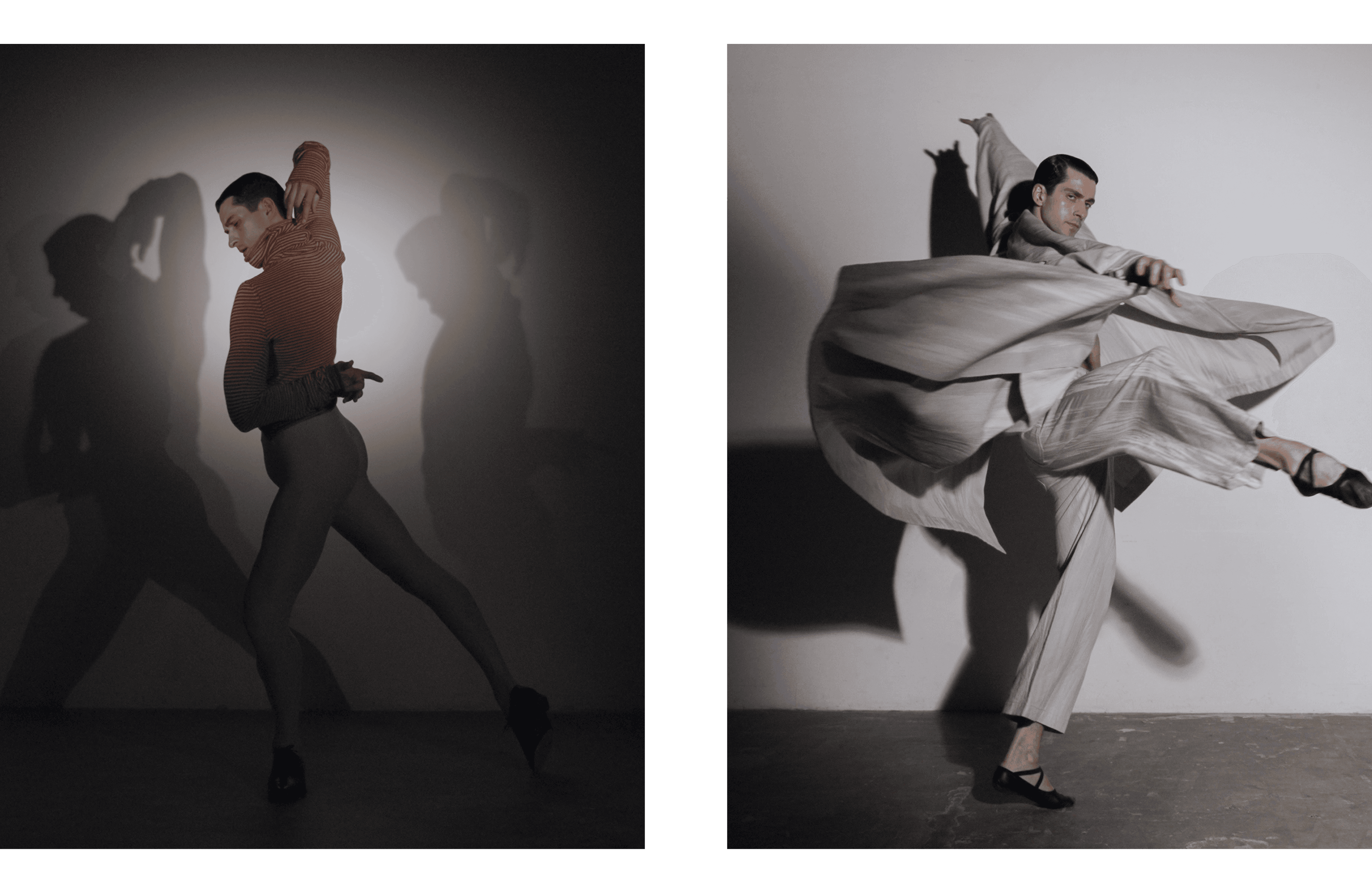 LEFT: SWEATER by Ilana Blumberg. TIGHTS, Clarke’s own. SHOES by John Lobb. RIGHT: All CLOTHING by IM MEN. SHOES, Clarke’s own.