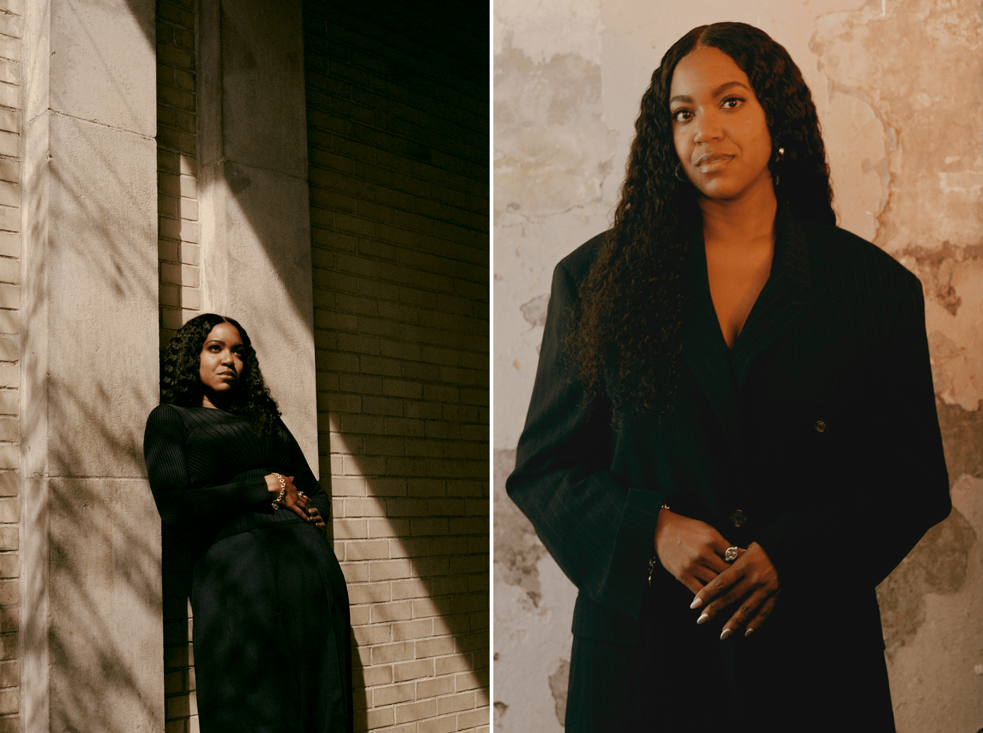 LEFT: TOP by ,Mugler., PANTS by ,COS., RING, worn throughout, White’s own. RIGHT: All CLOTHING by ,Acne Studios.