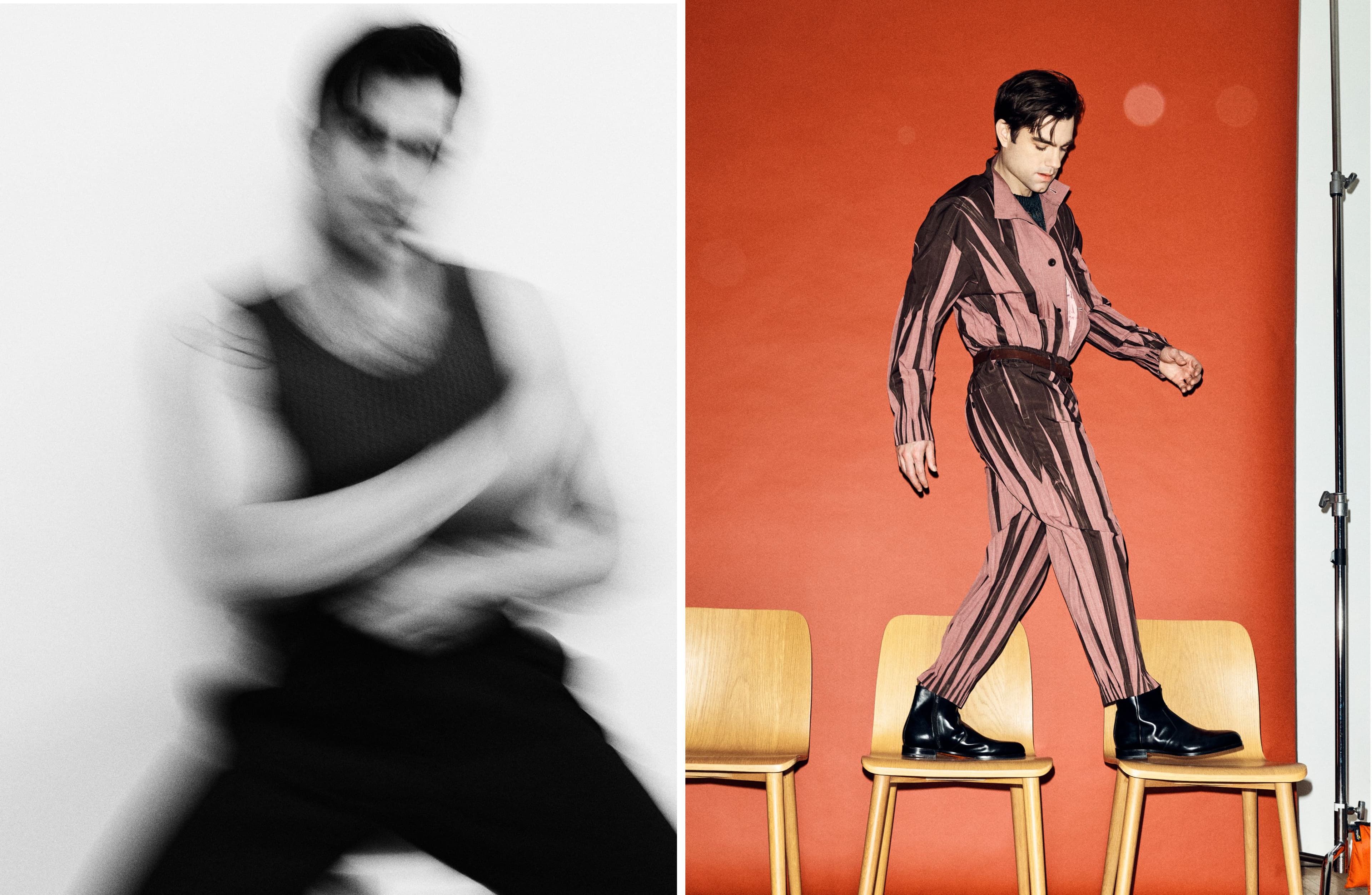 LEFT: All CLOTHING by Hermès. RIGHT: All CLOTHING and ACCESSORIES by Issey Miyake.