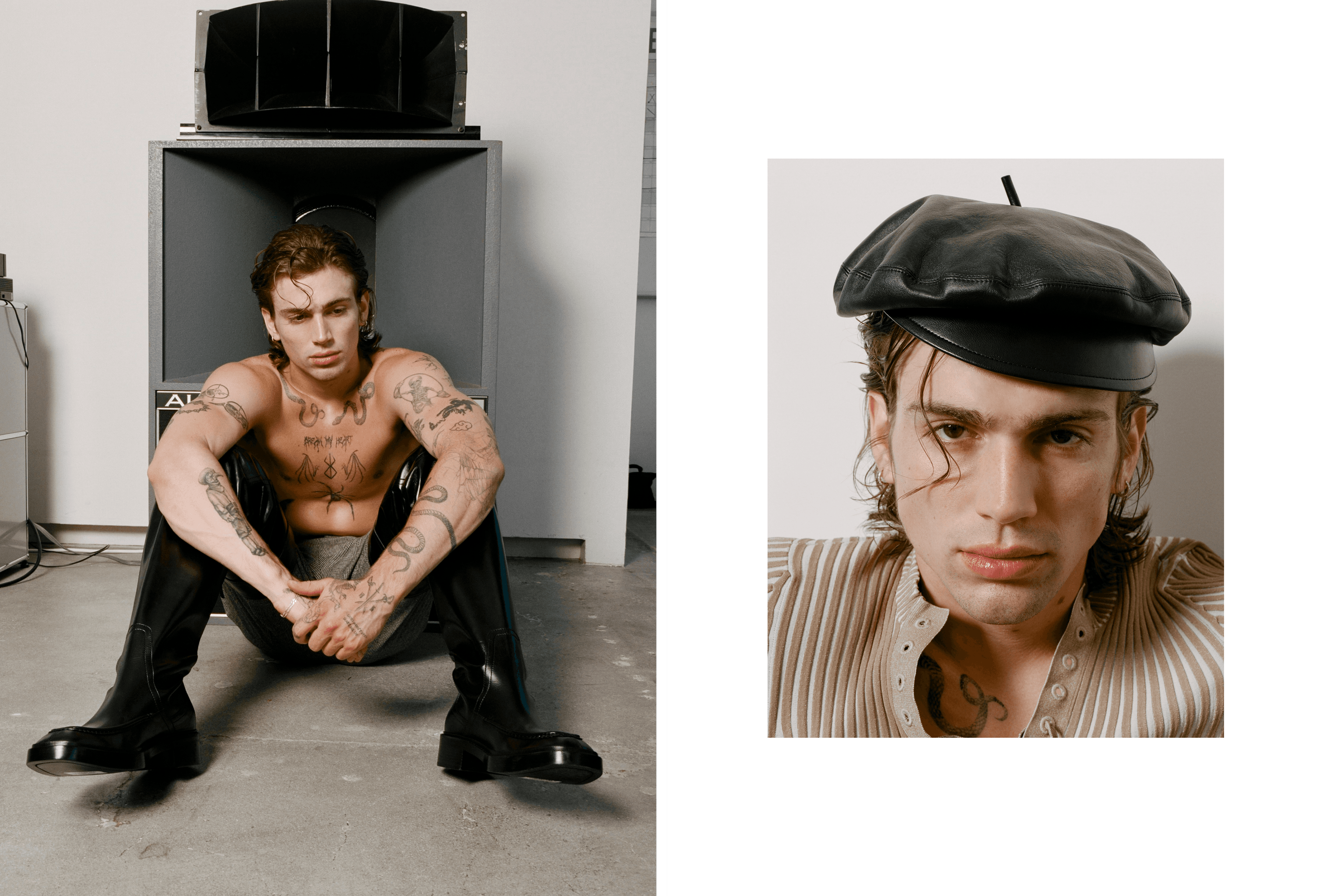 LEFT: PANTS and SHOES by ,Saint Laurent. ,BRACELET, worn throughout, Hacker’s own. RIGHT: Vintage HAT by ,Dior. ,Vintage TOP by ,Gucci.