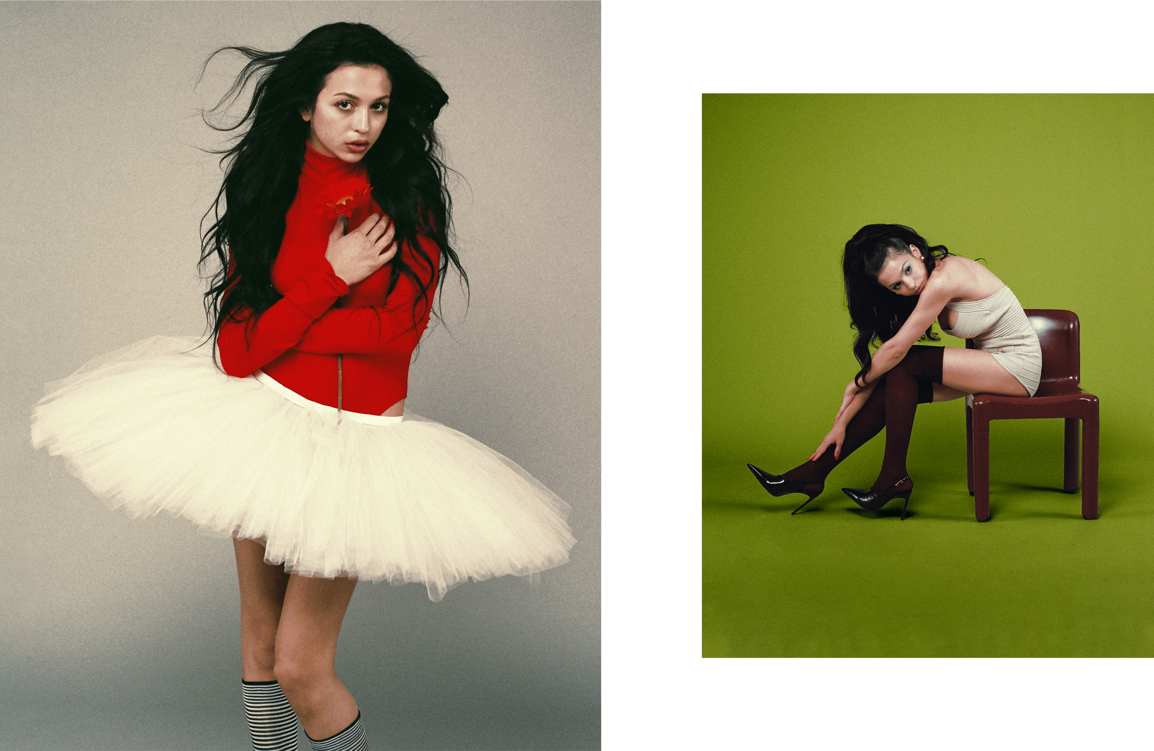 LEFT: BODYSUIT by ,David Koma., SKIRT by ,Jalyn Young., SOCKS by ,Shur Shur., RIGHT: ROMPER and SHOES by ,Retrofête., EARRINGS by ,Ming Yu Wang. ,STOCKINGS by ,Shur Shur.