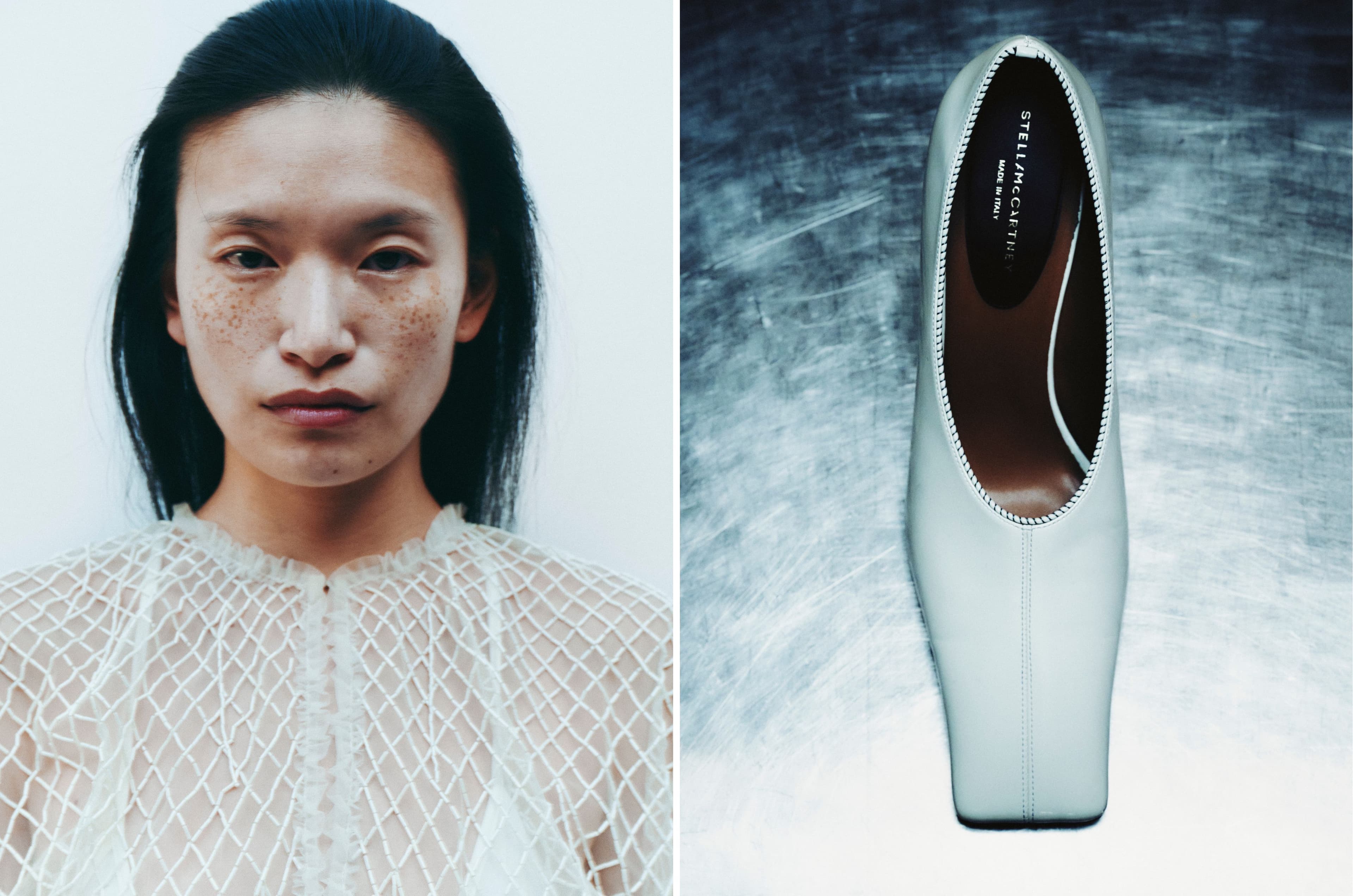 LEFT: TOP by Contessa Mills; BODYSUIT by Bevza. RIGHT: SHOE by Stella McCartney.