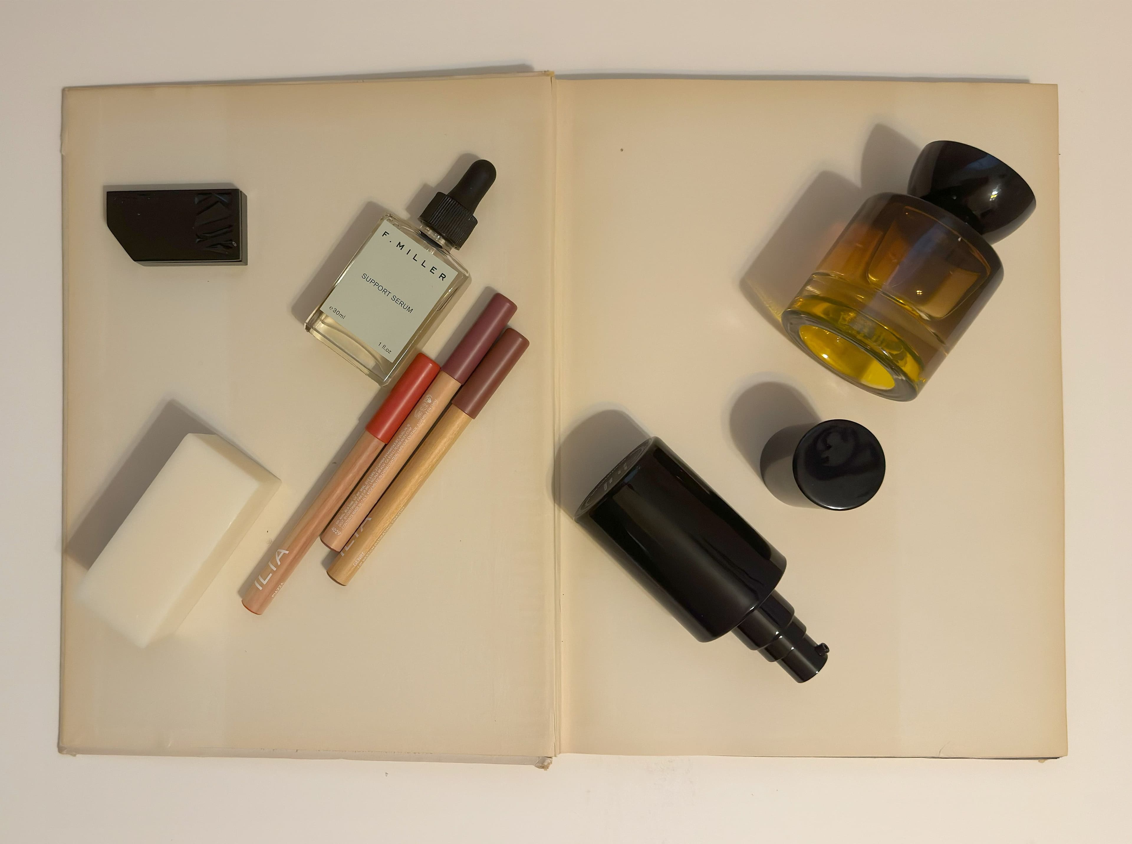 FROM LEFT: SOAP by ,Binu Binu. ,LIP BALM by ,Kjaer Weis. ,LIP SKETCH HYDRATING CRAYONS by ,Ilia. ,BOTANICAL FACIAL OIL by ,Hildegaard. ,PERFUME by ,Vyrao.