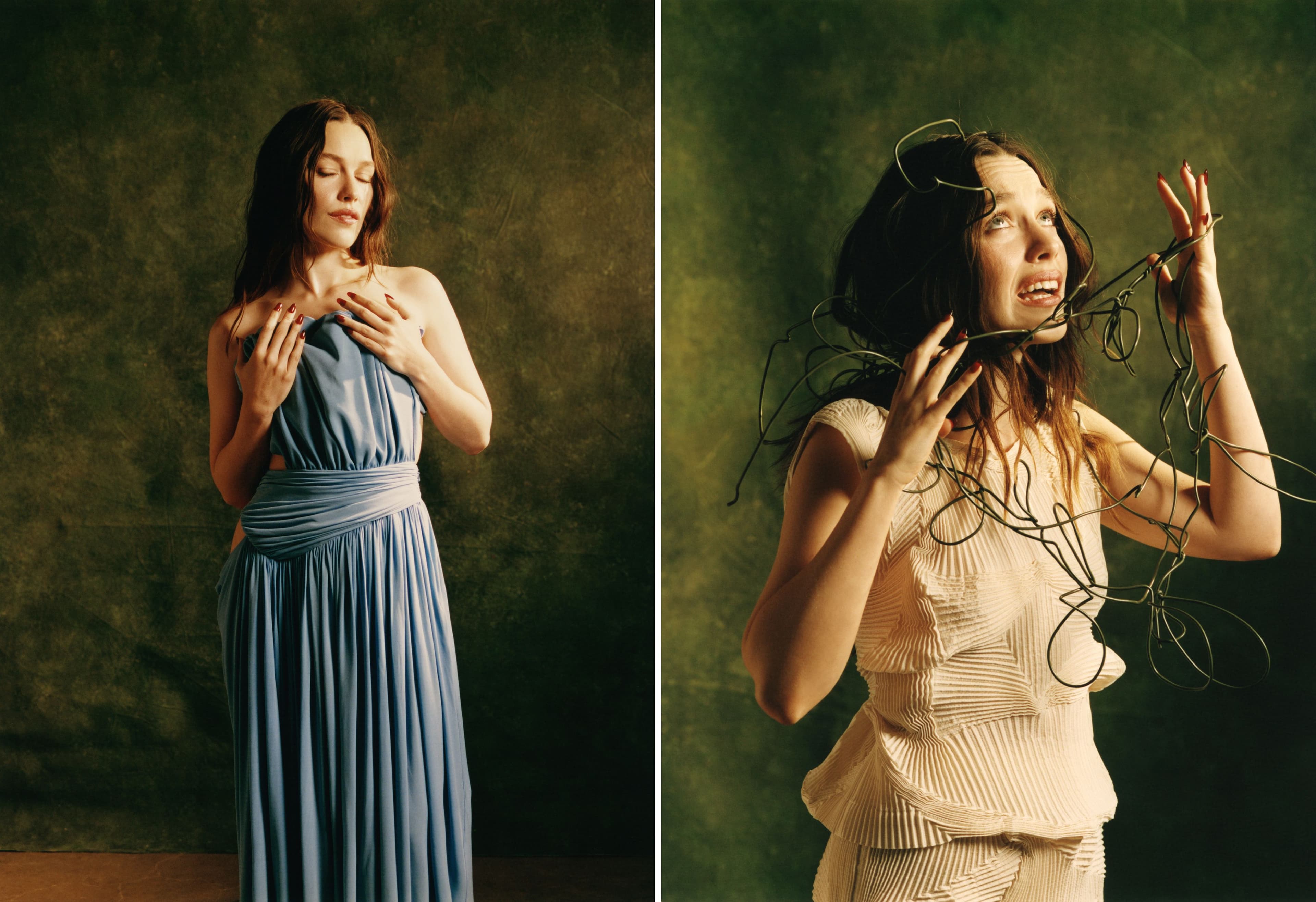 LEFT: DRESS by Moschino. RIGHT: All CLOTHING by Issey Miyake.
.