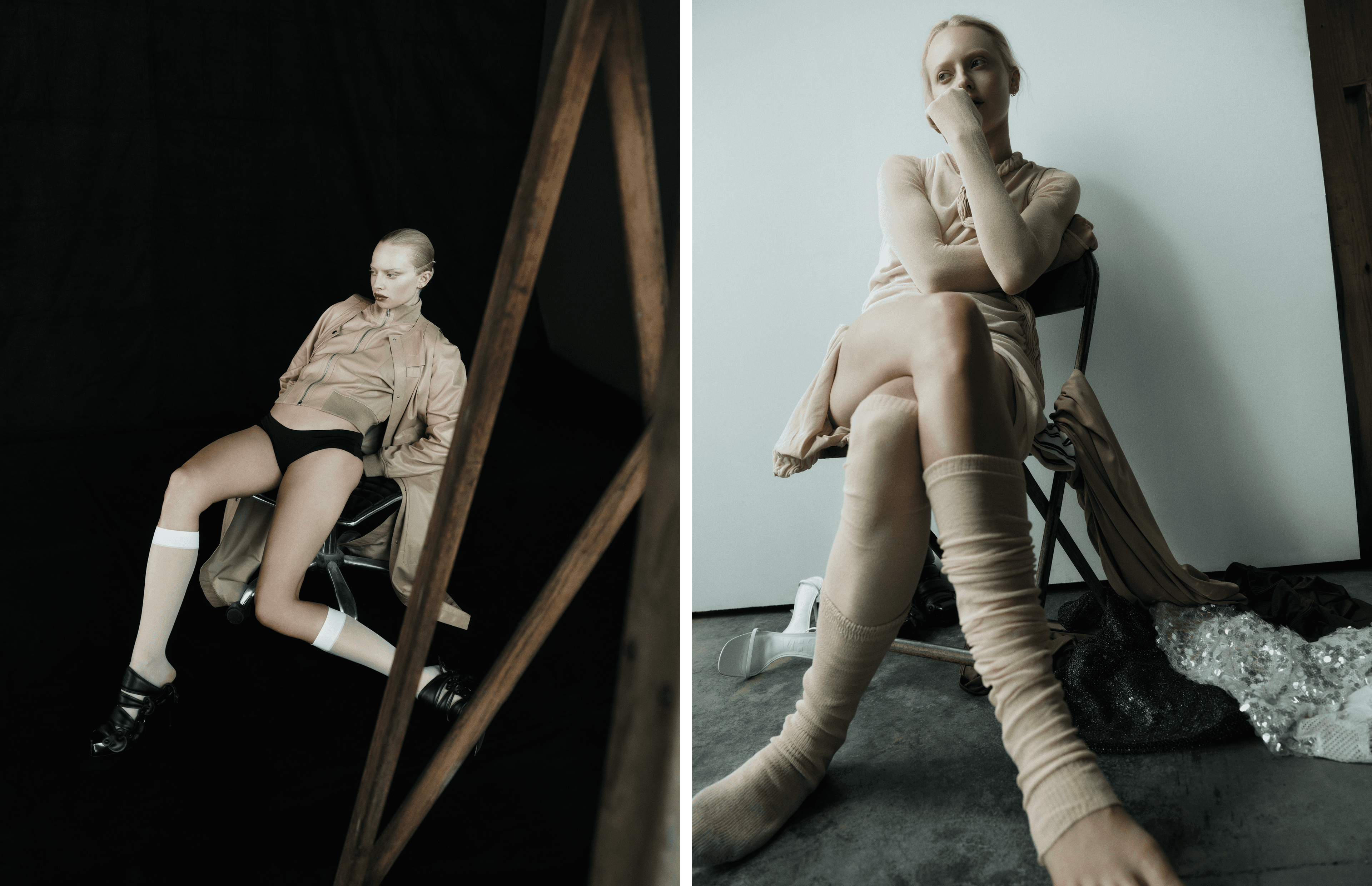 LEFT: All CLOTHING by ,Hermès., SHOES by ,Louis Vuitton. ,RIGHT: All CLOTHING by ,Issey Miyake.