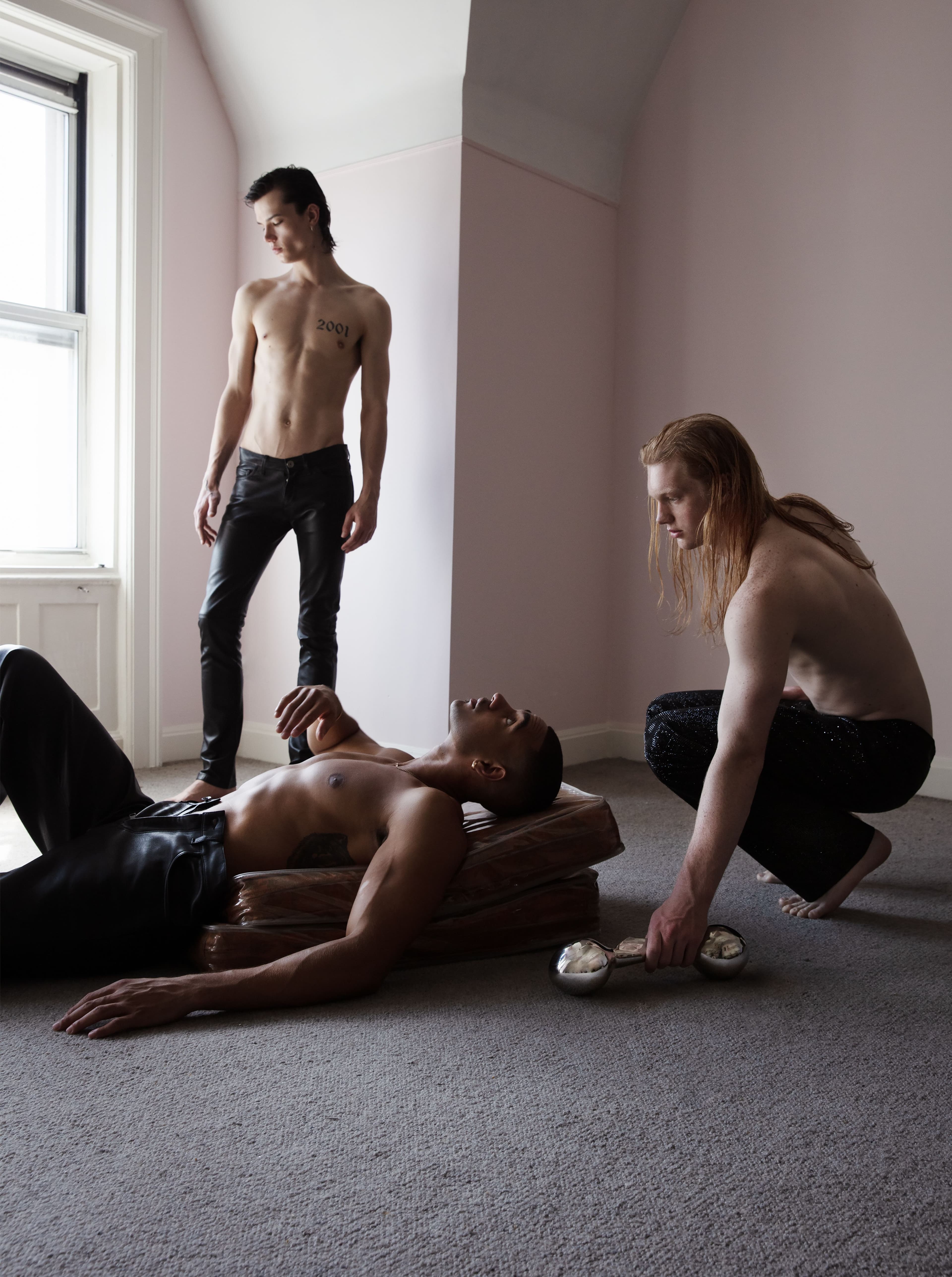 From left: Jeffrey wears pants by Altuzarra. De La Rosa wears pants by Altuzarra. Jewelry, De La Rosa’s own. Hogan wears pants by Ferragamo..