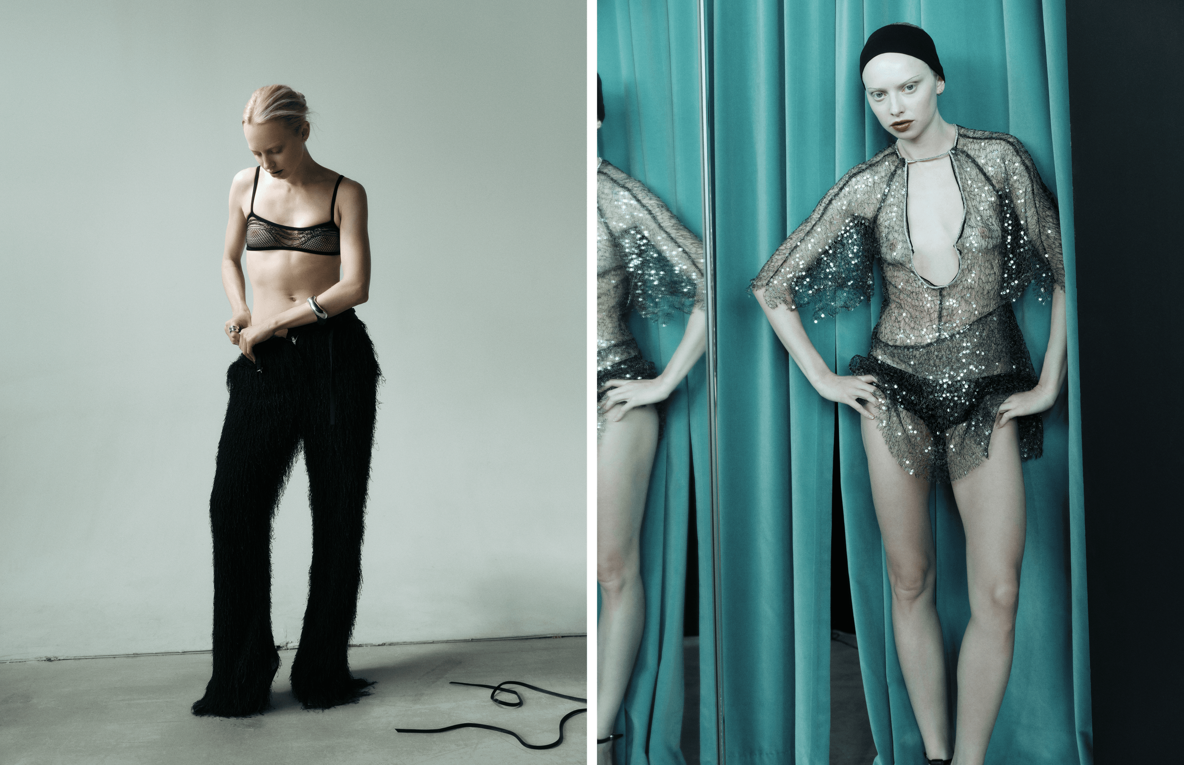 LEFT: TOP by ,Christopher Esber., PANTS by 3.1 ,Phillip Lim. ,SHOES by ,Stella McCartney. ,JEWELRY by ,Lara Sonmez. ,RIGHT: DRESS by ,Isabel Marant., SHOES by ,Stella McCartney.