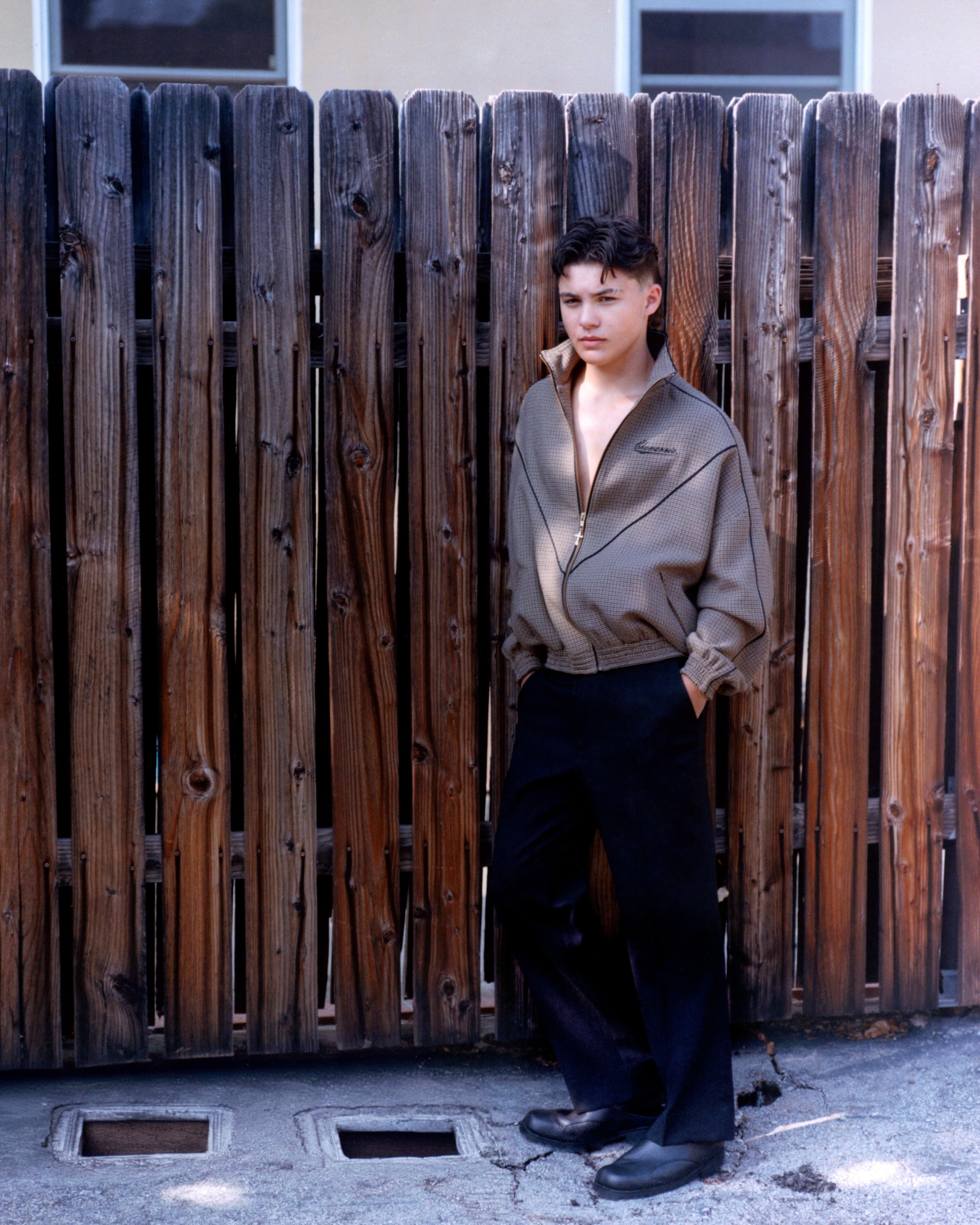 JACKET by ,Willy Chavarria., Vintage PANTS. SHOES by ,Noah Collins Design.