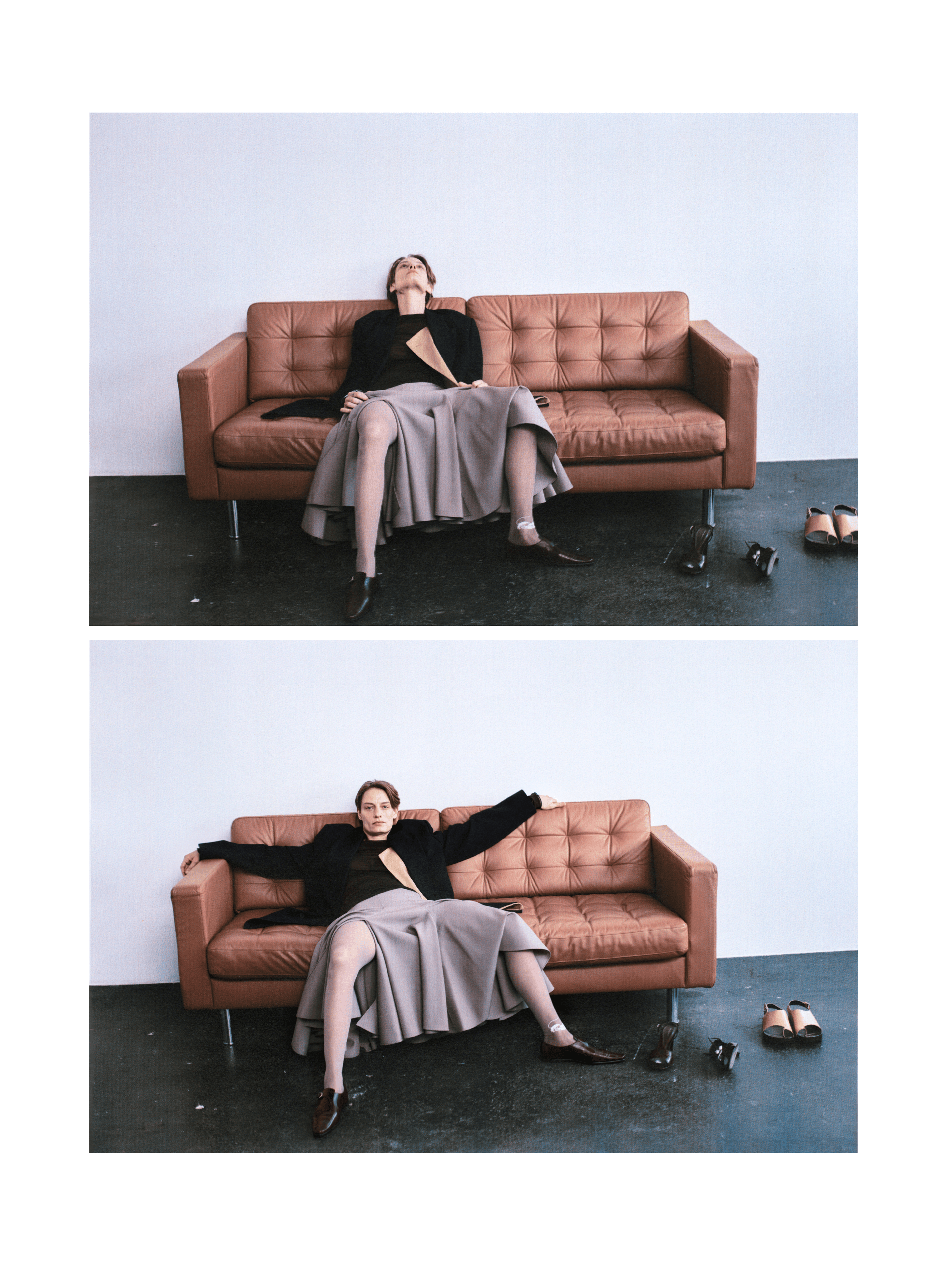 SHIRT and JACKET by ,Dries Van Noten. ,SKIRT, LEGGINGS, and SHOES by ,Tory Burch. ,SANDALS by ,Hermès.