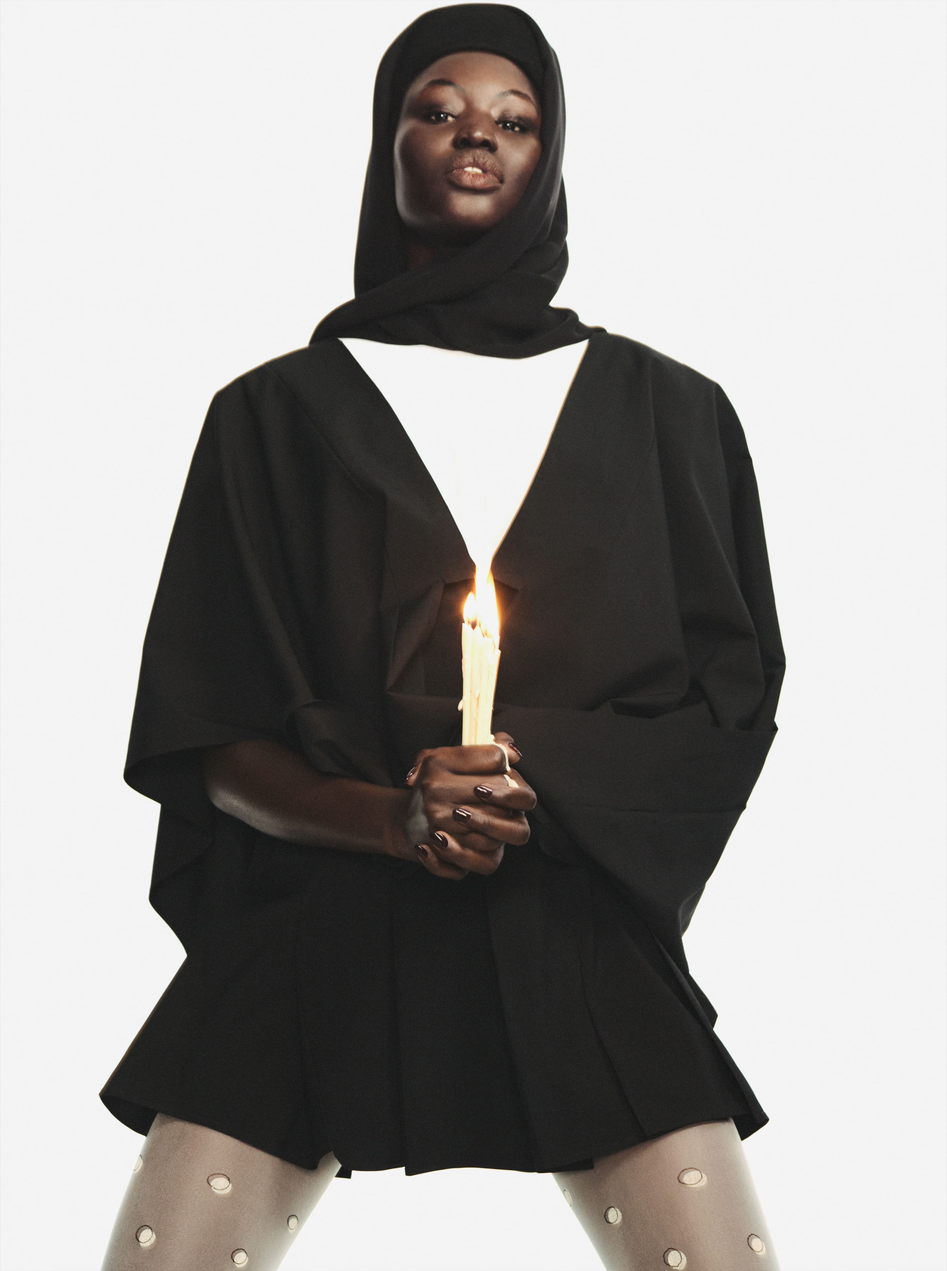 DRESS by ,Louis Vuitton., HAT by ,Alaïa., TIGHTS by ,Falke.