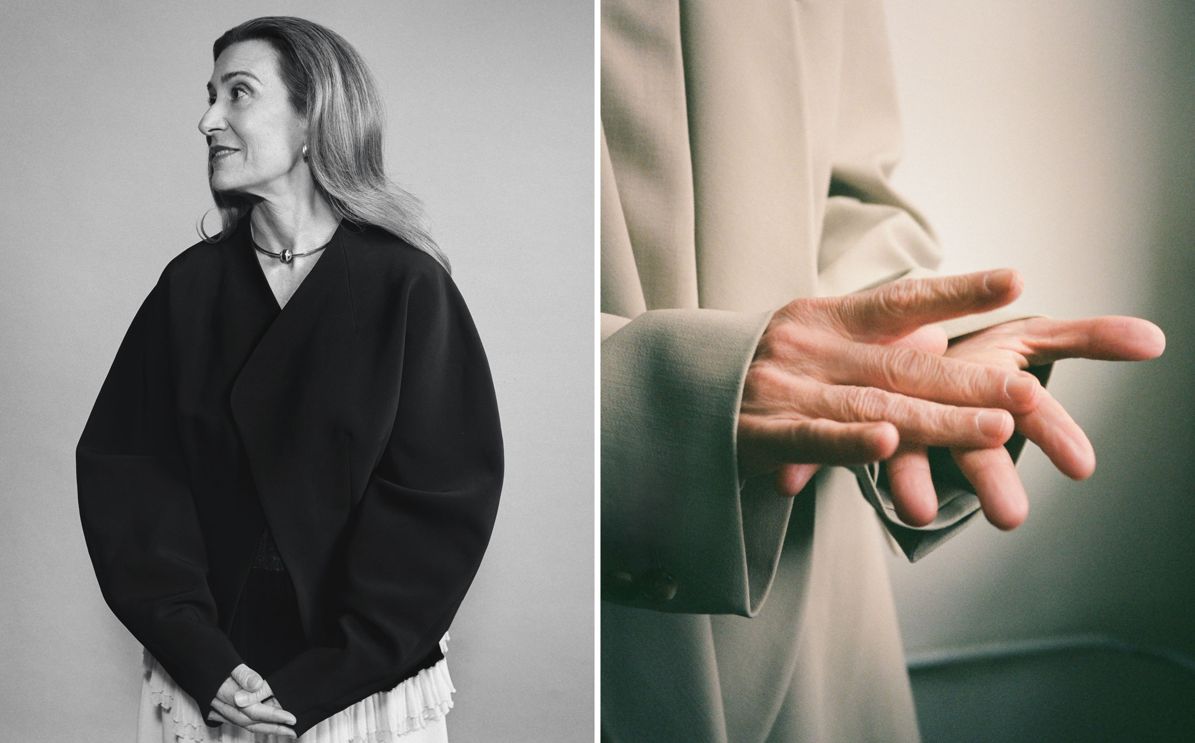 LEFT: All CLOTHING by Ashlyn; NECKLACE by Eddie Borgo. RIGHT: All CLOTHING by Michael Kors Collection.