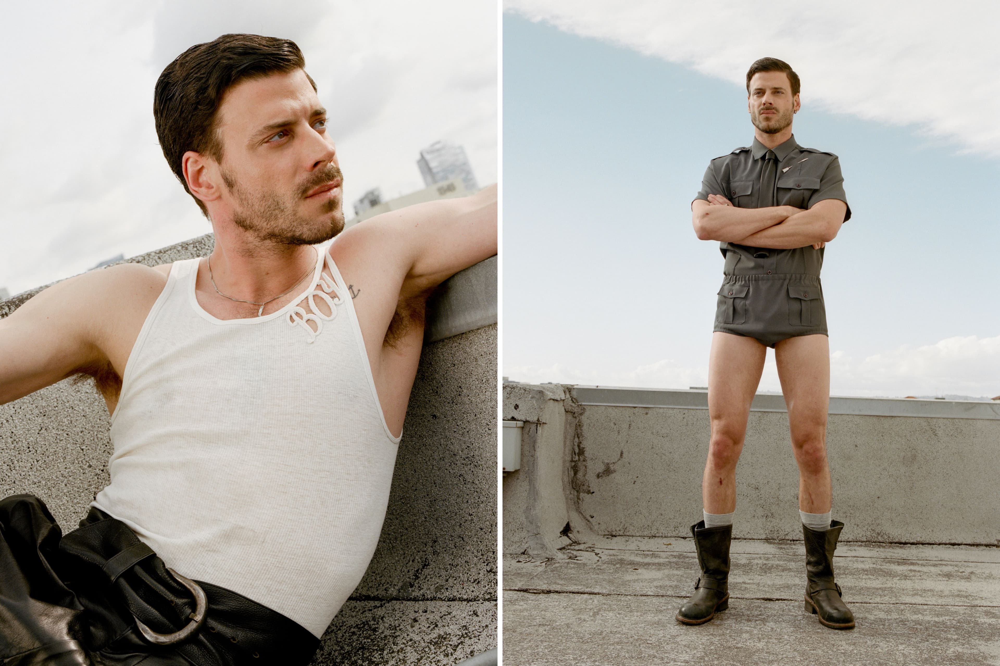 LEFT: TOP by Boy Kloves; PANTS by Giorgio Armani; VINTAGE belt from Lidow Archive; NECKLACE by The Great Frog. RIGHT: All CLOTHING by Prada; TIE by Atelier 7474; SOCKS, stylist’s own; BOOTS by Pskaufman; EARRINGS, Arnaud’s own; EARRING, worn as brooch, by Boucheron.