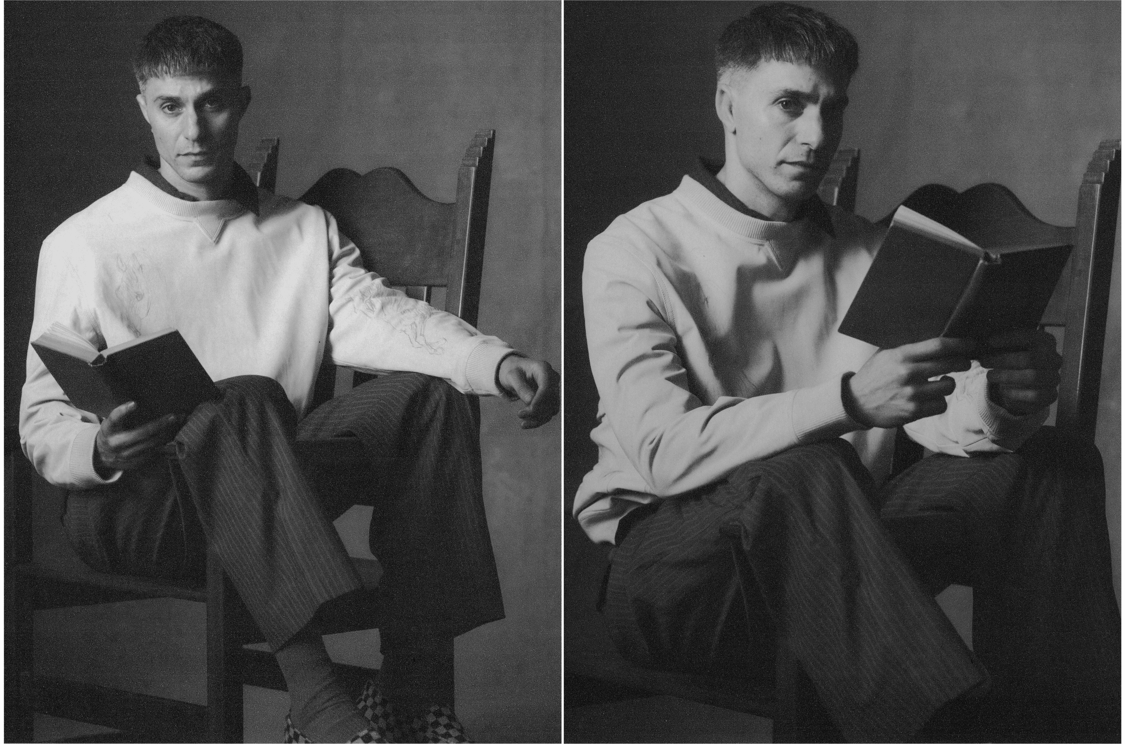 SWEATER by ,Hermès. ,SHIRT, PANTS, and SHOES by ,Maryam Nassir Zadeh.