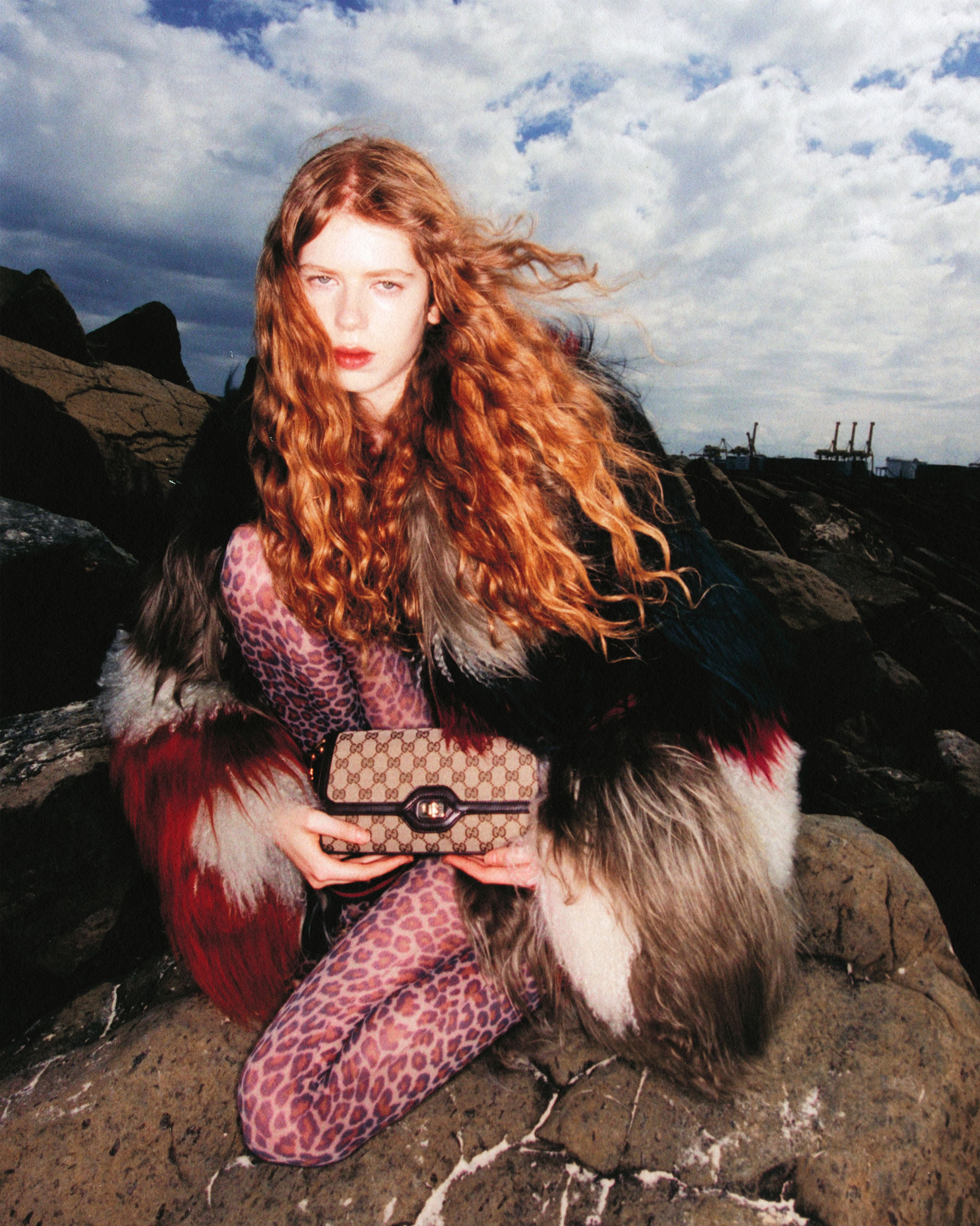 JACKET by ,Rory William Docherty. ,BRA by ,Jean Paul Gaultier. ,TIGHTS,, ,stylist’s own,. ,BAG by ,Gucci.