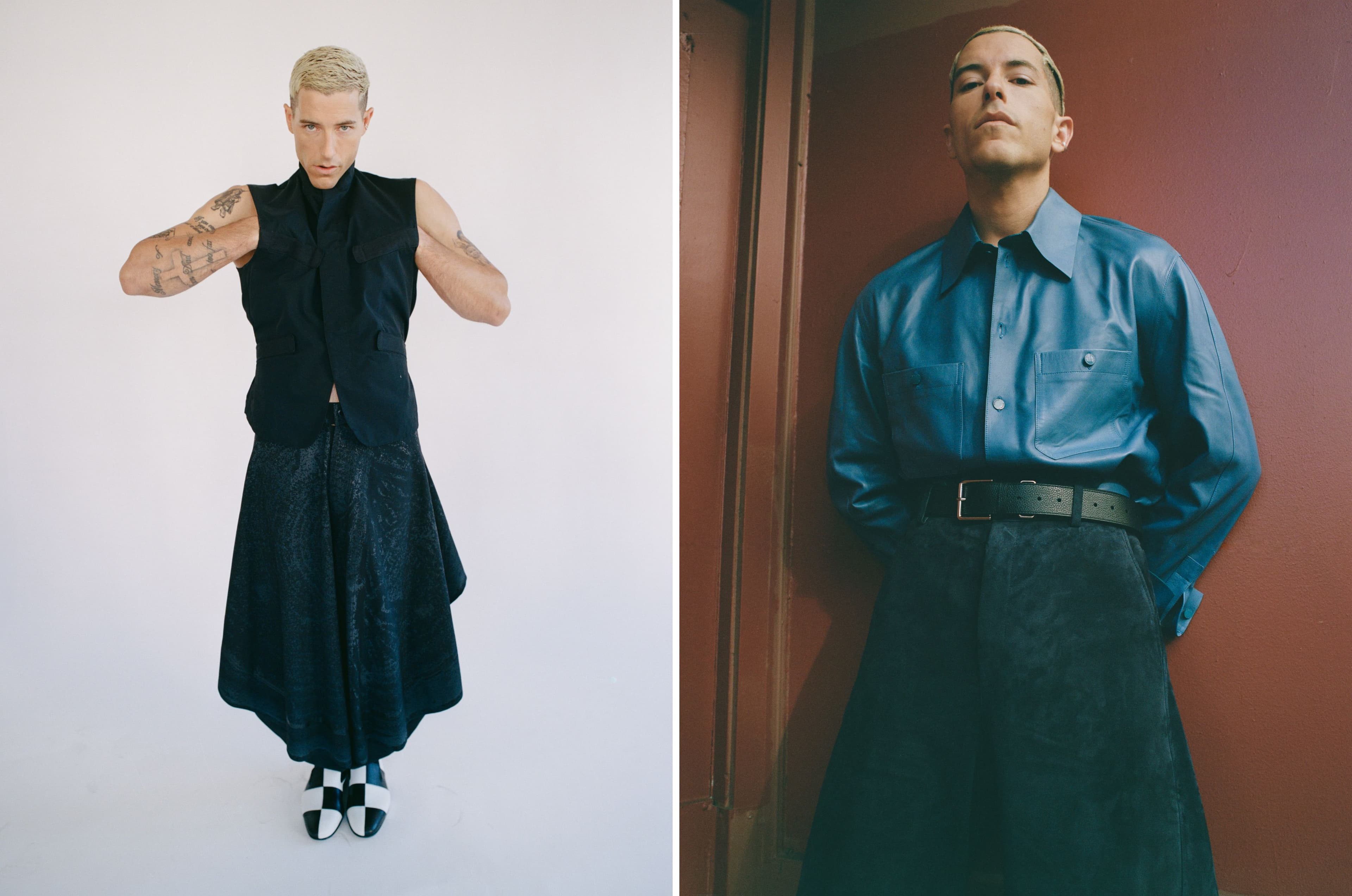LEFT: All CLOTHING by Issey Miyake; SHOES by Manolo Blahnik. RIGHT: All CLOTHING and BELT by Givenchy by Sarah Burton.
