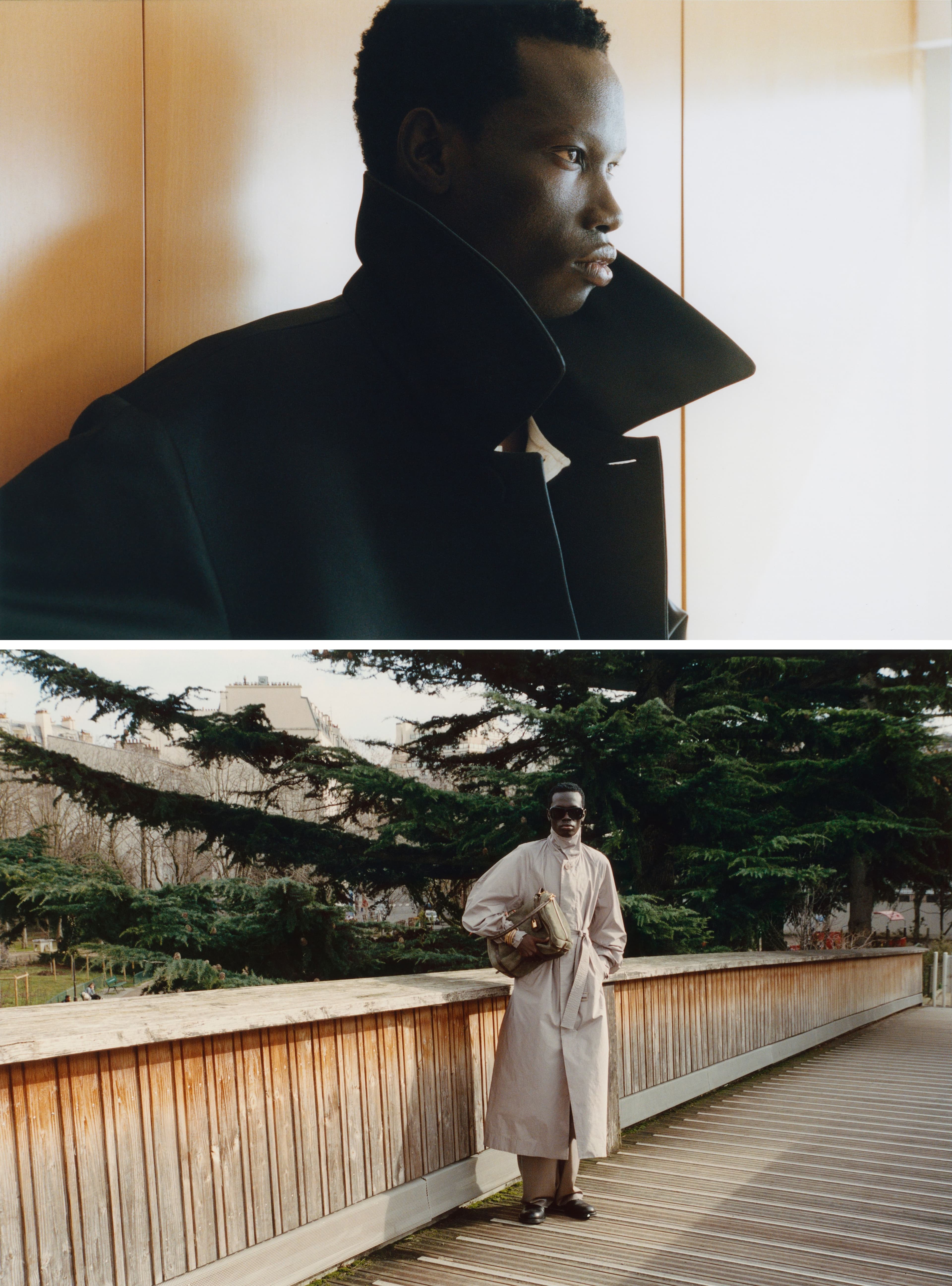 TOP: All CLOTHING by Dries Van Noten. BOTTOM: COAT by Issey Miyake; PANTS by Bless; SUNGLASSES by Port Tanger; BAG by Louis Vuitton; SHOES by Dries Van Noten; BRACELET by Panconesi.