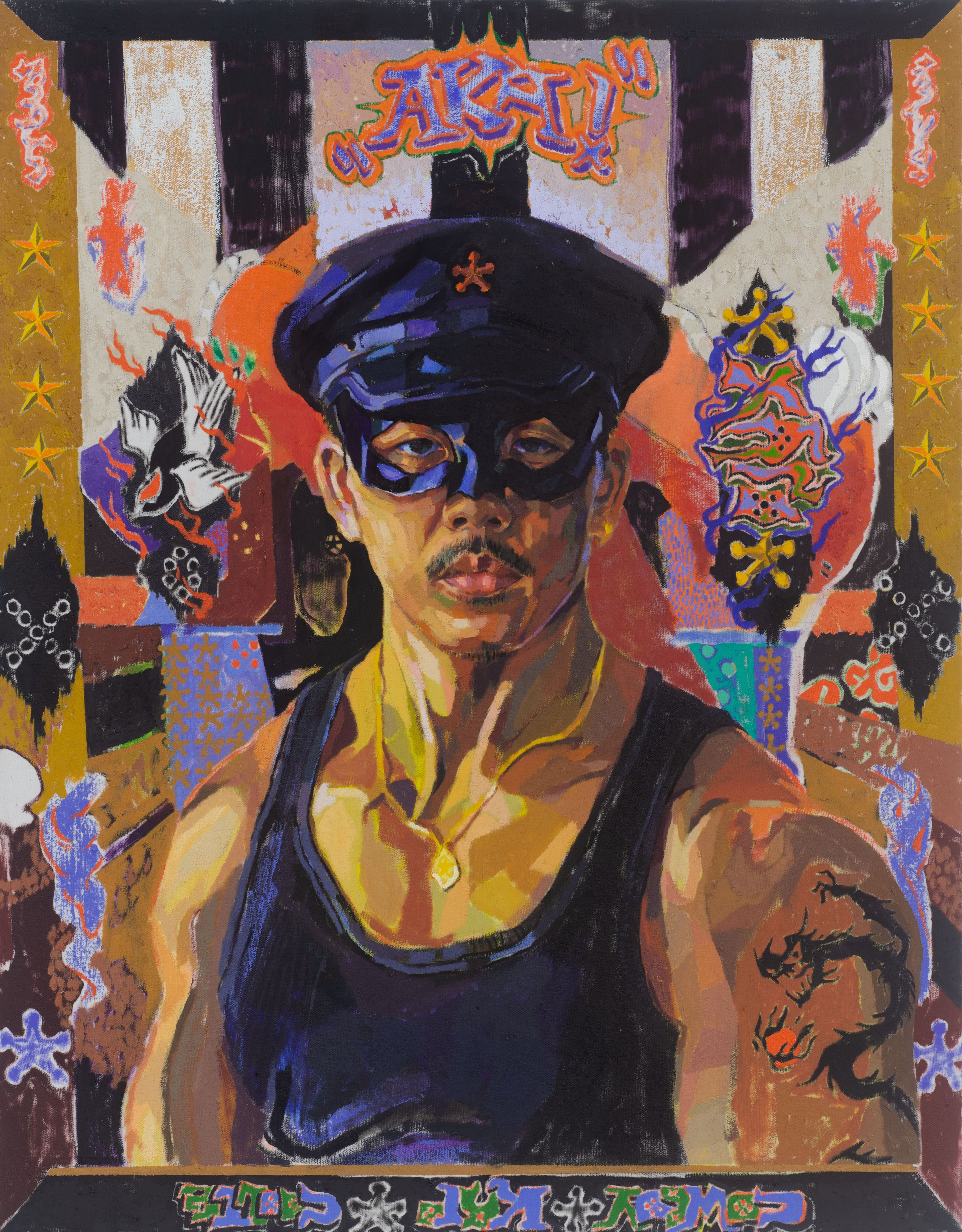 Oscar yi Hou (born Liverpool, UK, 1998). ’Cowboy Kato Coolie, aka: Bruce’s Bitch,’ 2021. Oil on canvas, 28 1⁄8“ × 22“. Courtesy of James Fuentes LLC. © Oscar yi Hou. Photography by Jason Mandella, courtesy of James Fuentes LLC.