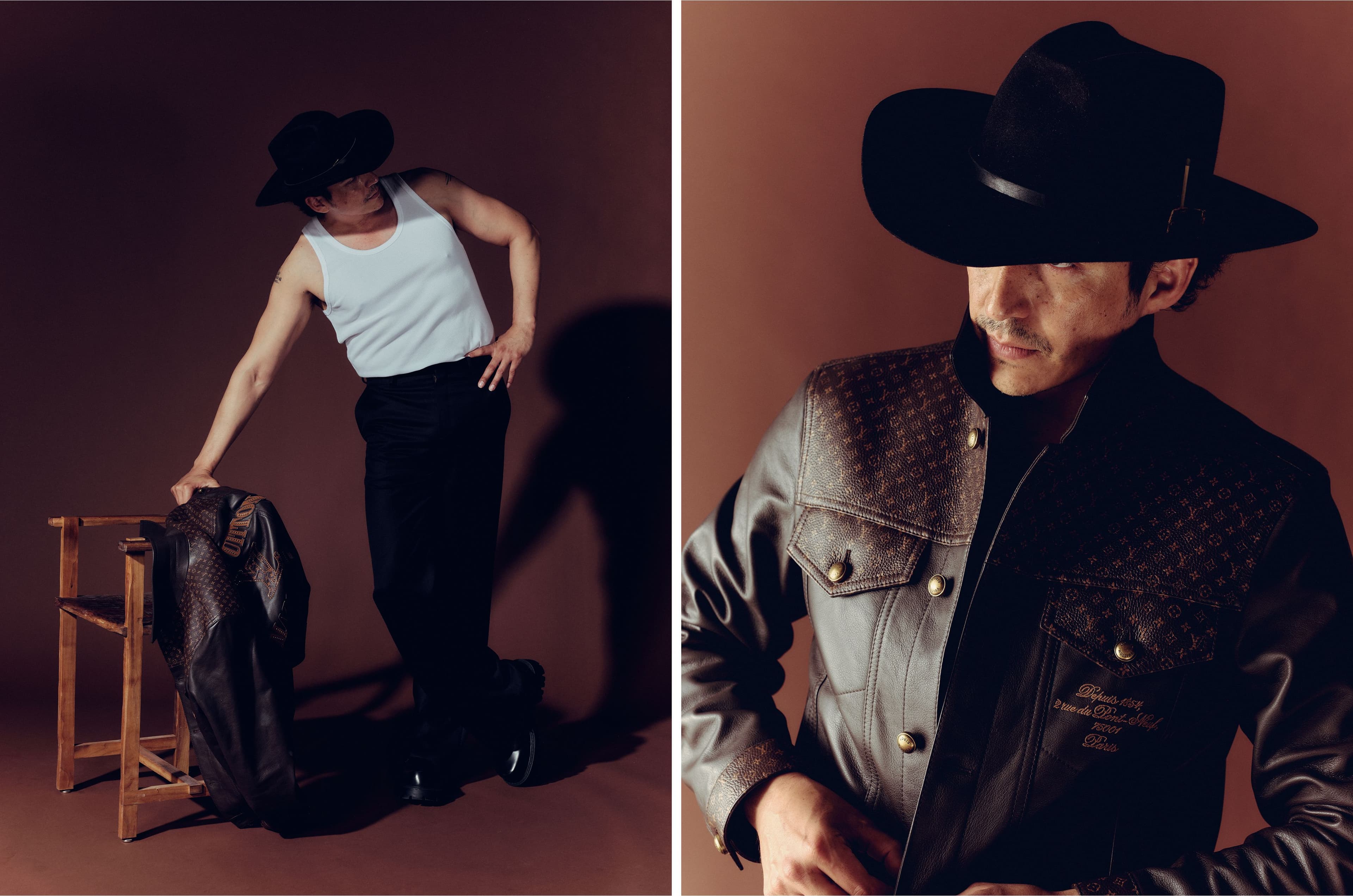 JACKET, PANTS, and SHOES by ,Louis Vuitton. ,TANK TOP, stylist’s own. HAT by ,Nick Fouquet.