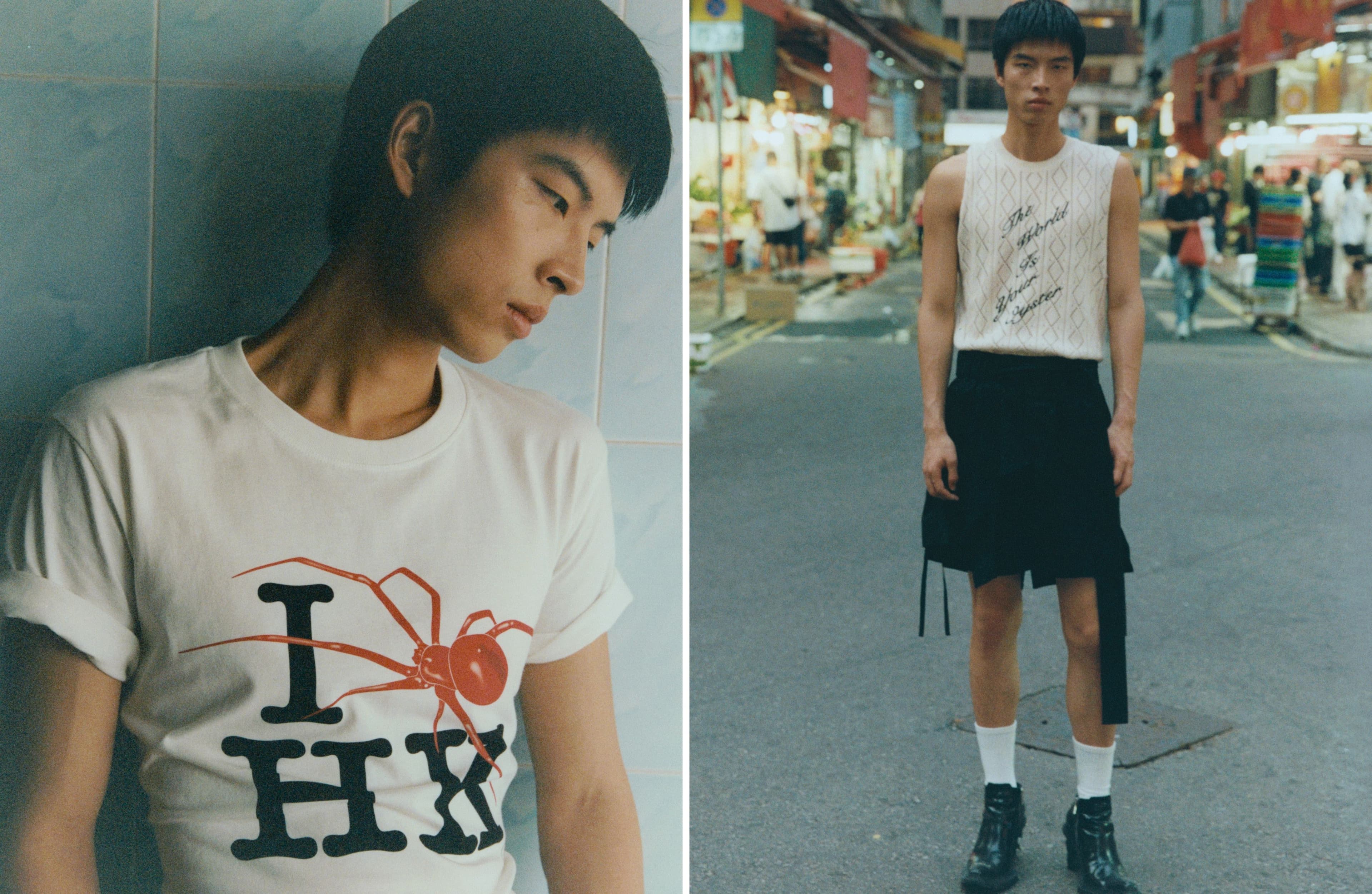 LEFT: T-SHIRT by Young Queenz. RIGHT: TOP by The World Is Your Oyster; SHORTS by Craig Green from Harvey Nichols, Hong Kong; vintage SHOES.