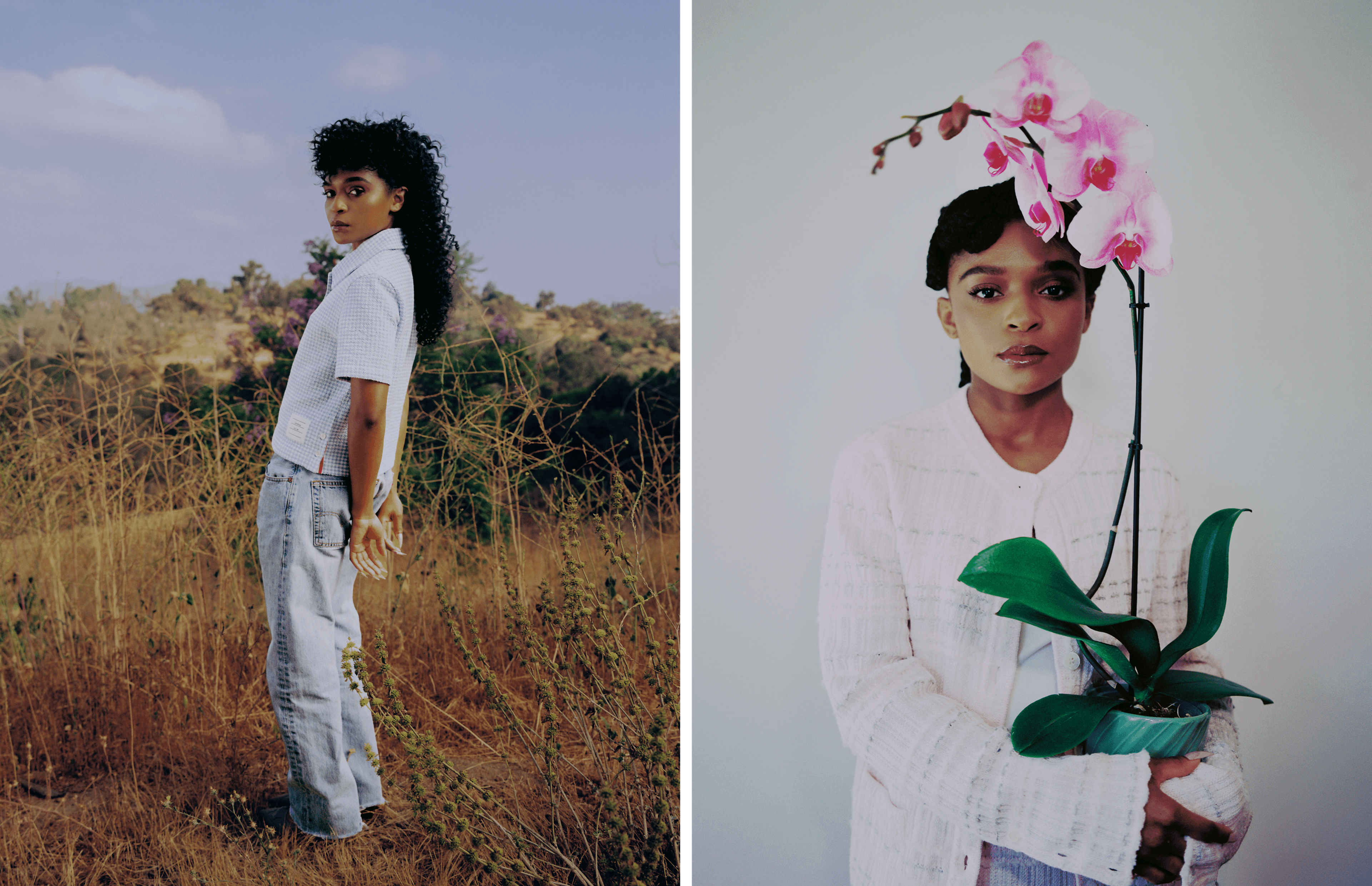 LEFT: TOP by ,Tory Burch,. PANTS by ,Levi’s,. SHOES by ,Thom Browne. ,RIGHT: All CLOTHING by ,Tory Burch.