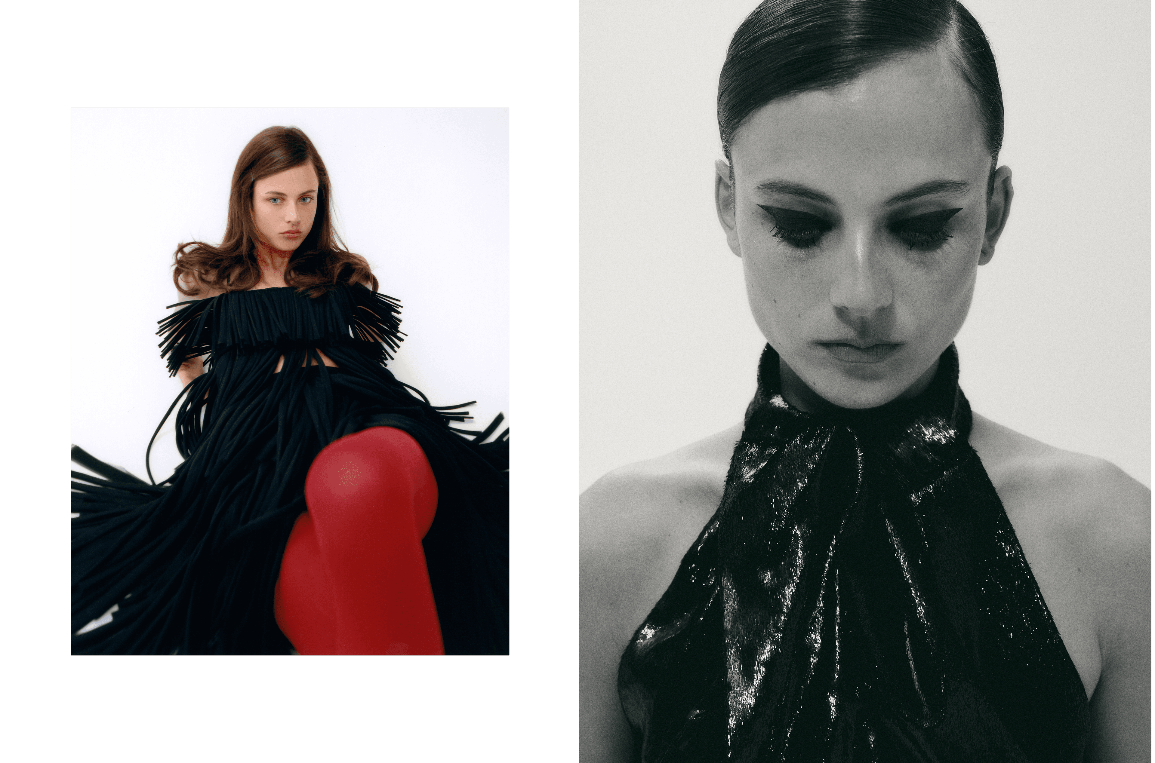 LEFT: All CLOTHING by ,Marina, ,Moscone,. TIGHTS by ,Falke,. RIGHT: TOP by ,Stella McCartney.