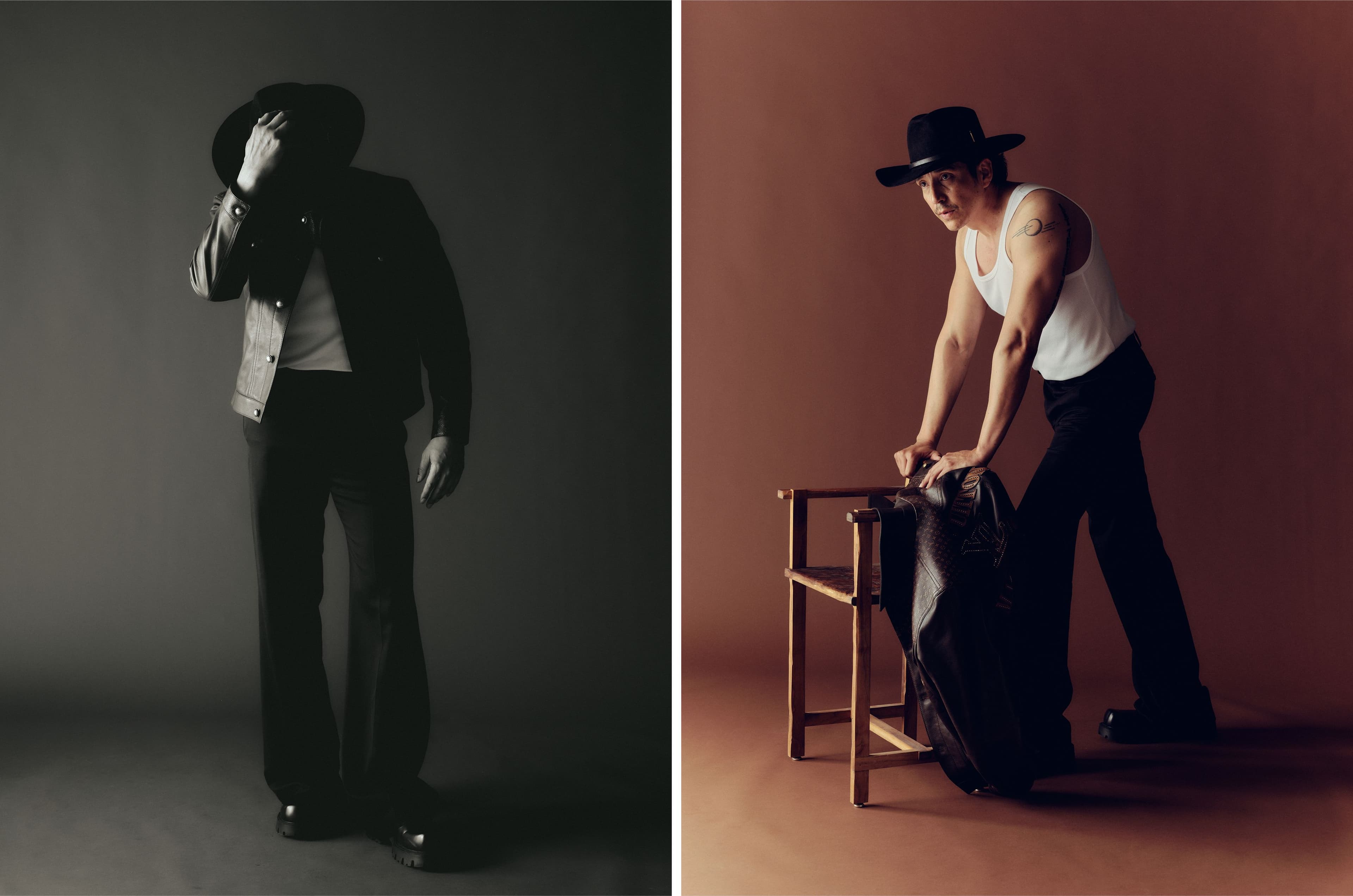 JACKET, PANTS, and SHOES by ,Louis Vuitton. ,TANK TOP, stylist’s own. HAT by ,Nick Fouquet.