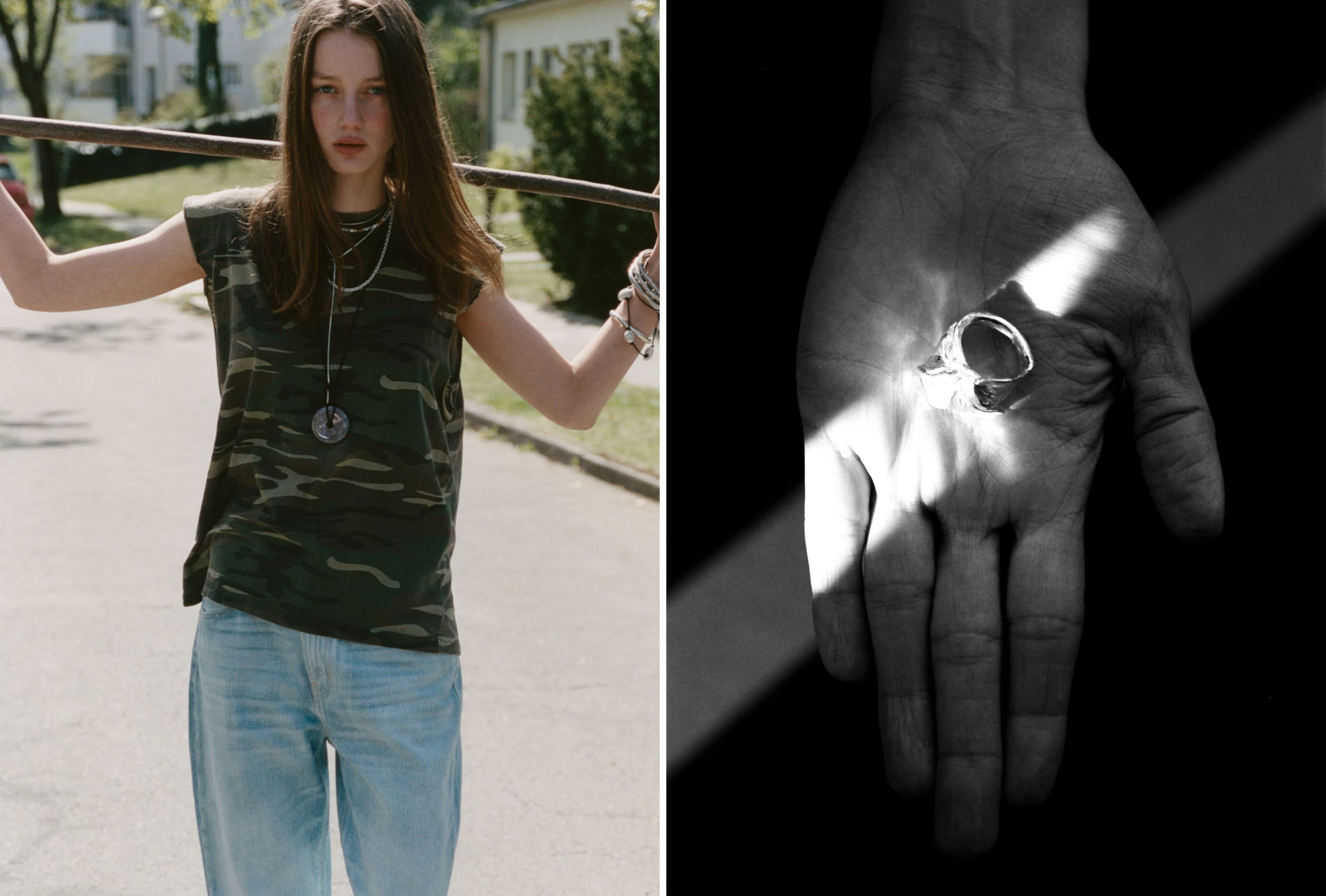 LEFT: Vintage TOP; JEANS by Haikure; EAR CUFF by Mussels and Muscles; NECKLACES by Johanna Gauder, Mussels and Muscles, and PRUM; BRACELETS by PRUM and stylist’s own; RINGS by Asereje. RIGHT: RING by Asereje.